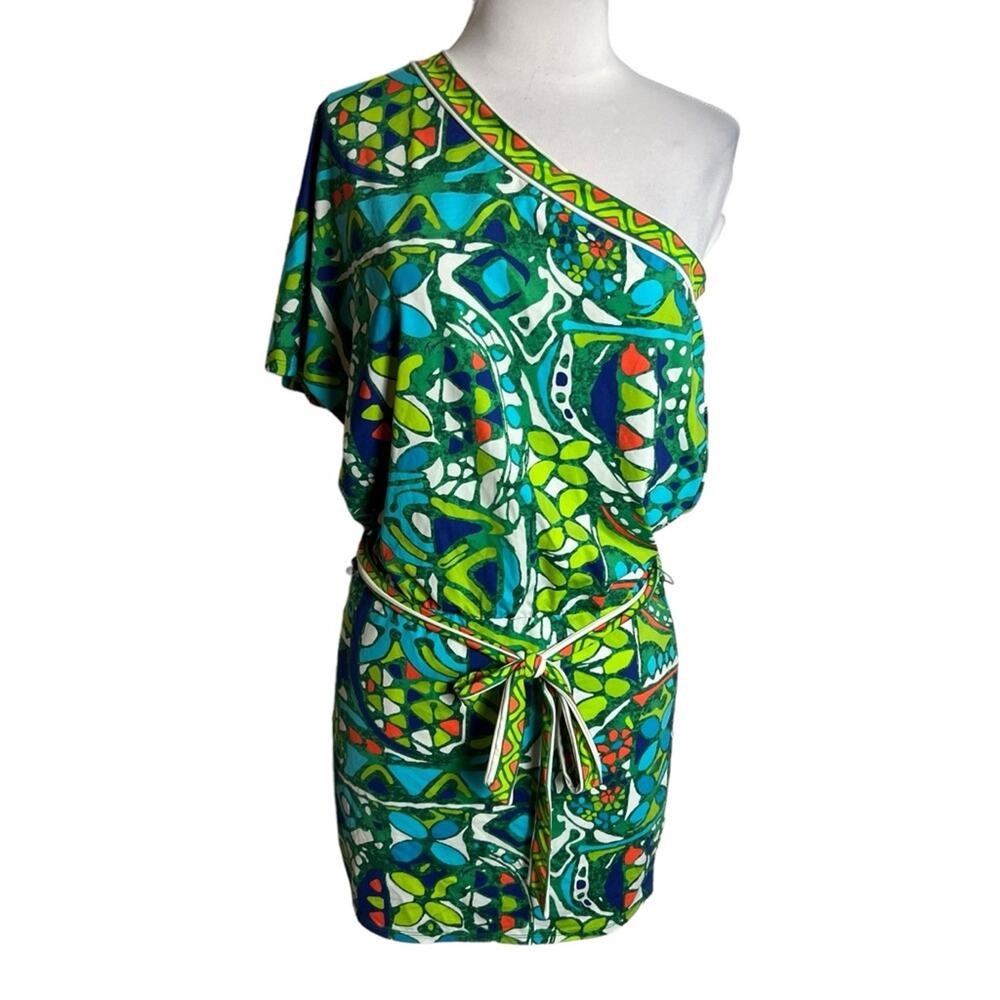 Trina Turk Teal Green Multi One-Shoulder Swim Coverup